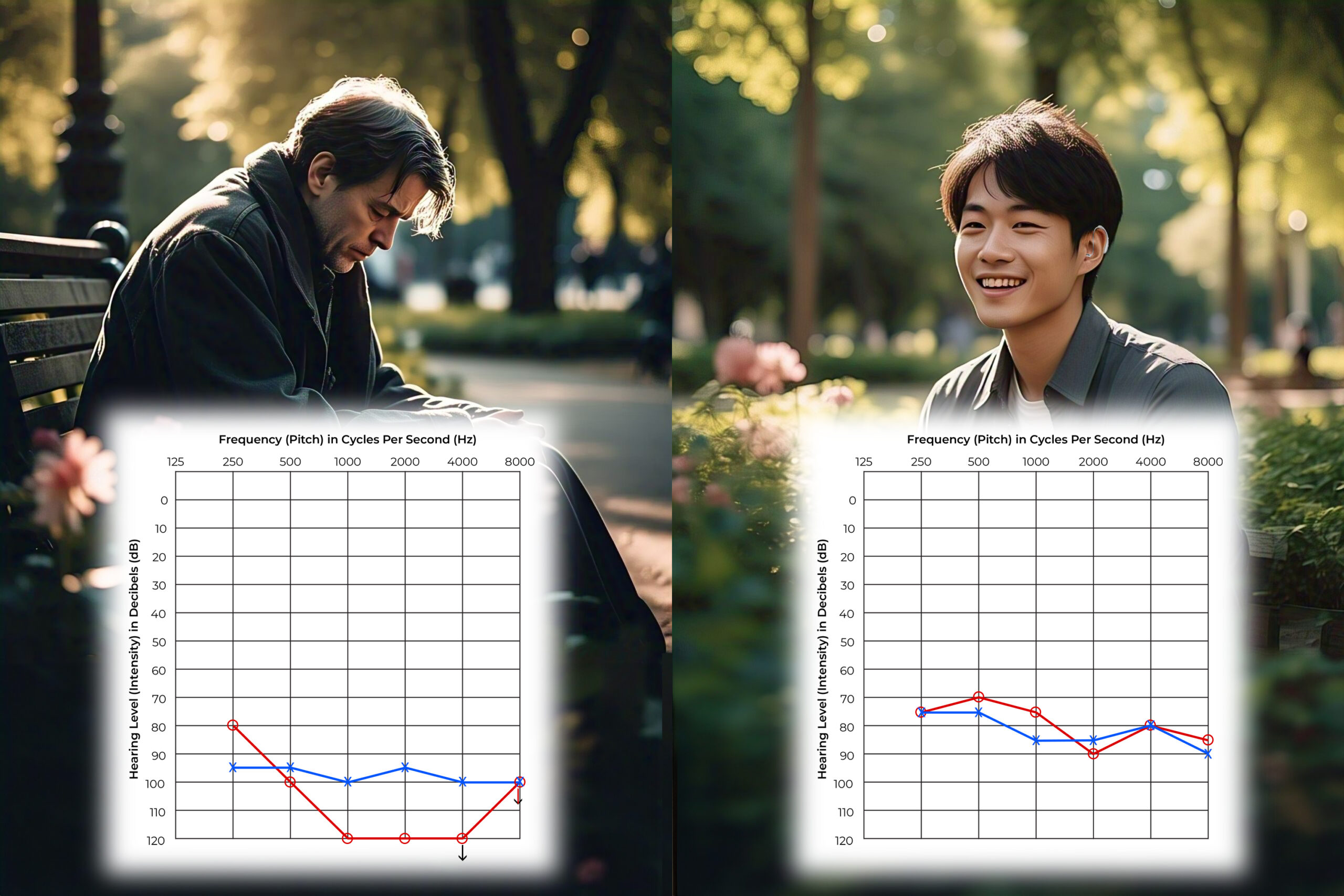 Difference between person using before and after using hearing aids